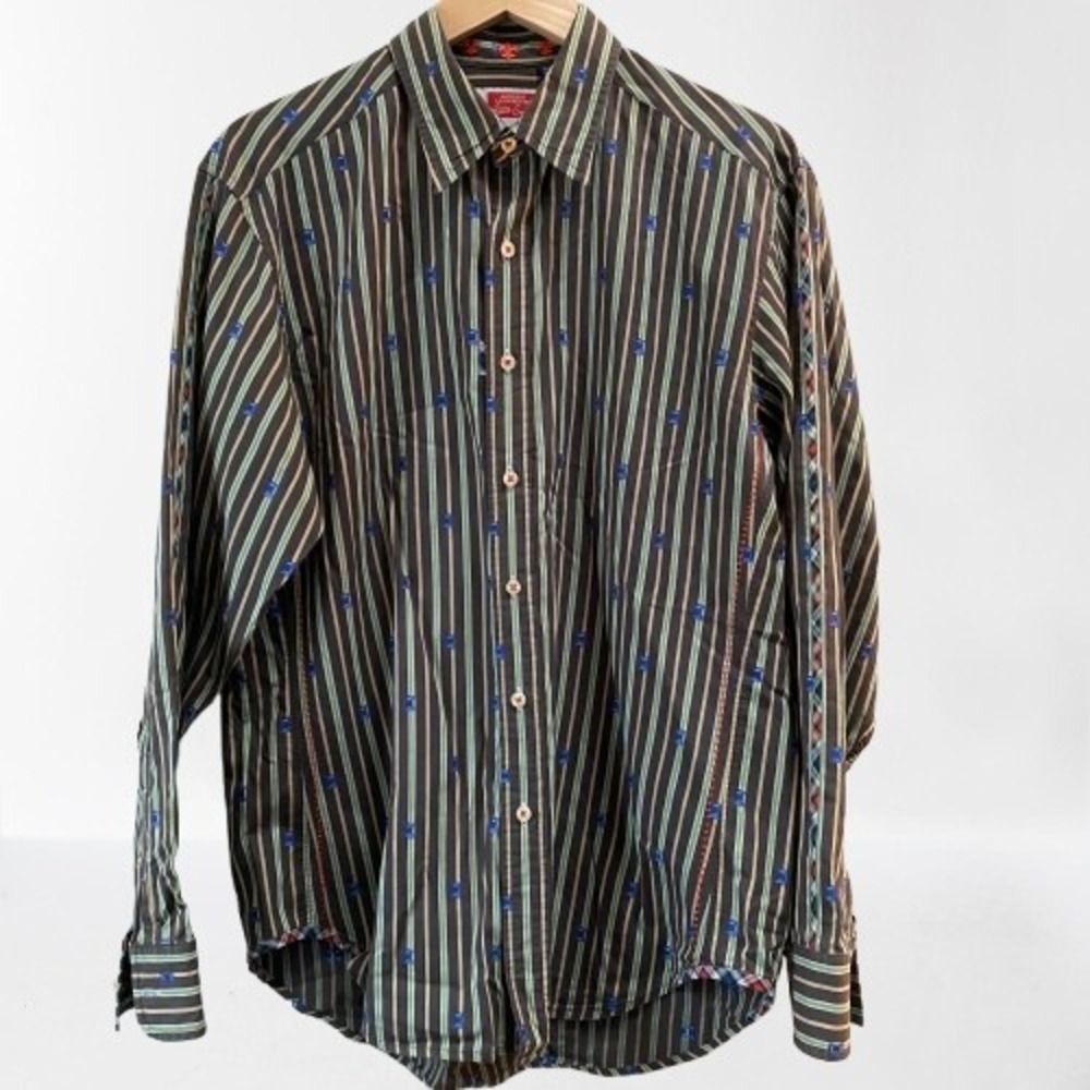 Robert Graham Chess Rook Print Men's Striped Button Down Casual‎ Cotton Medium